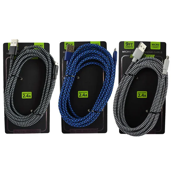 Charging Cable Elite Cloth USB to Micro USB 9FT 2.4 Amp- 3 Pieces Per Pack 22441