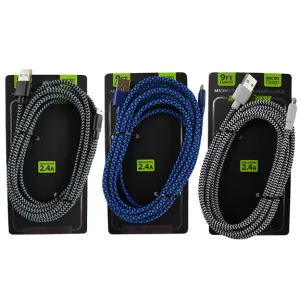 Charging Cable Elite Cloth USB to Micro USB 9FT 2.4 Amp- 3 Pieces Per Pack 22441