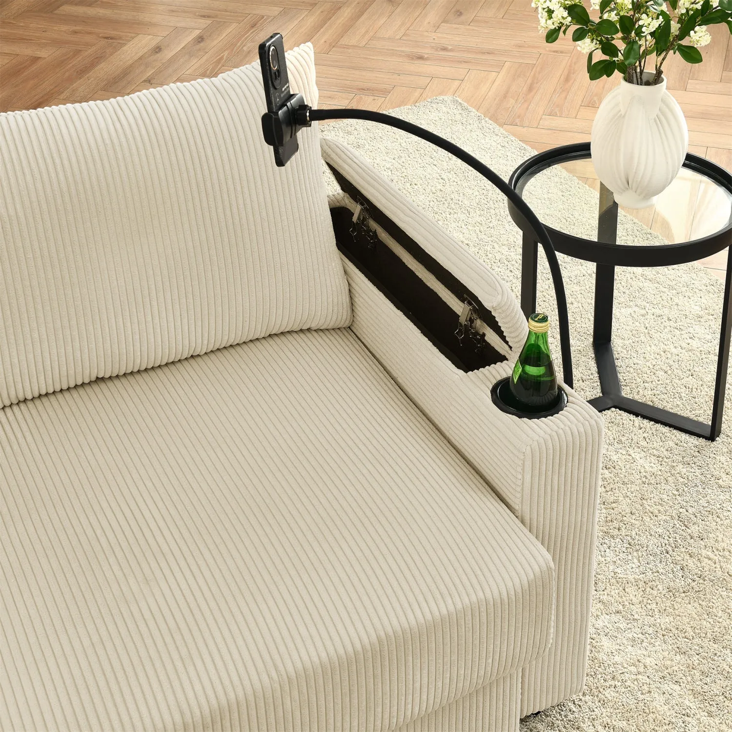 Streamdale Beige Corduroy Sofa with Storage, Cup & Phone Holders