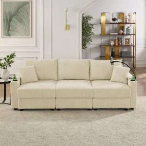 Streamdale Beige Corduroy Sofa with Storage, Cup & Phone Holders