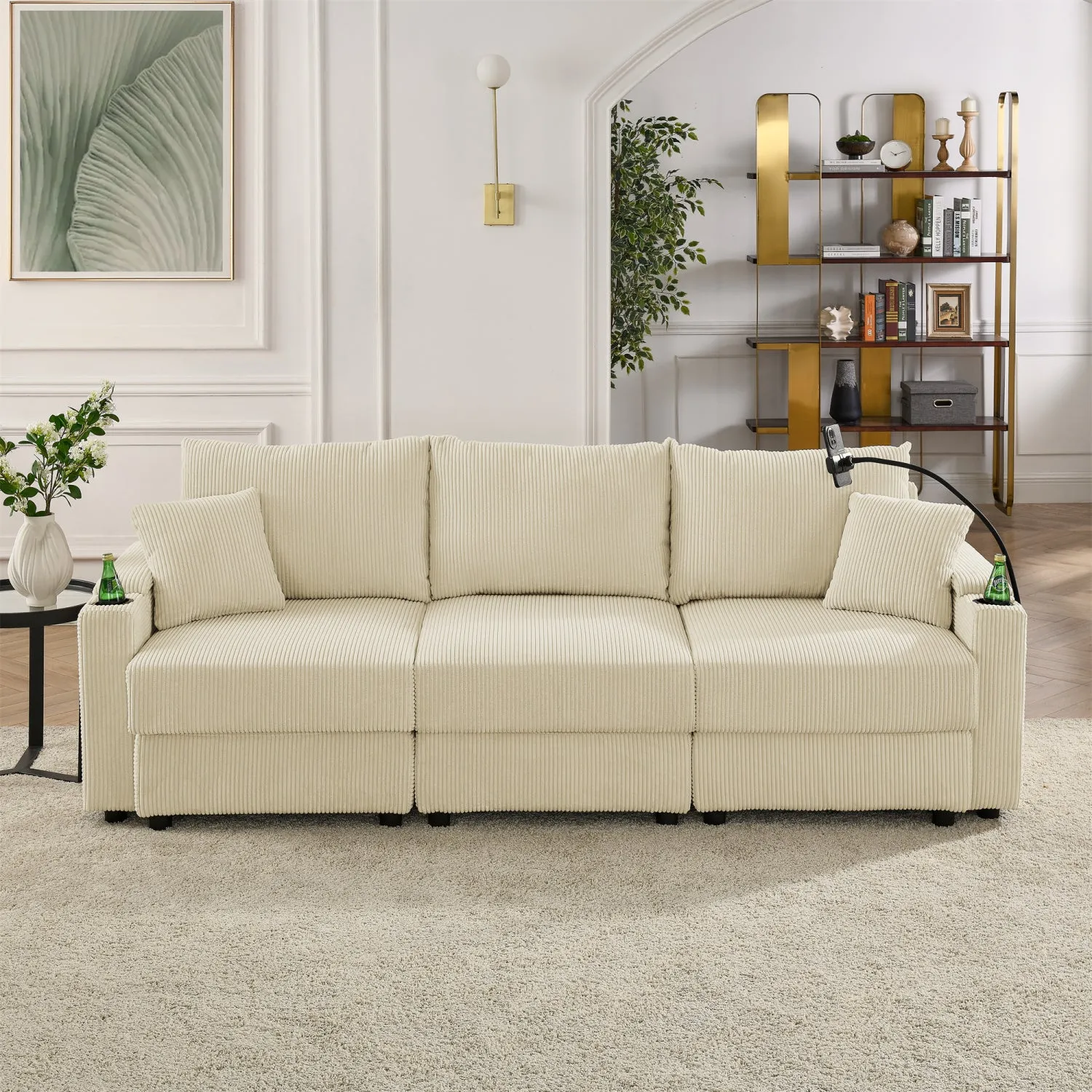 Streamdale Beige Corduroy Sofa with Storage, Cup & Phone Holders