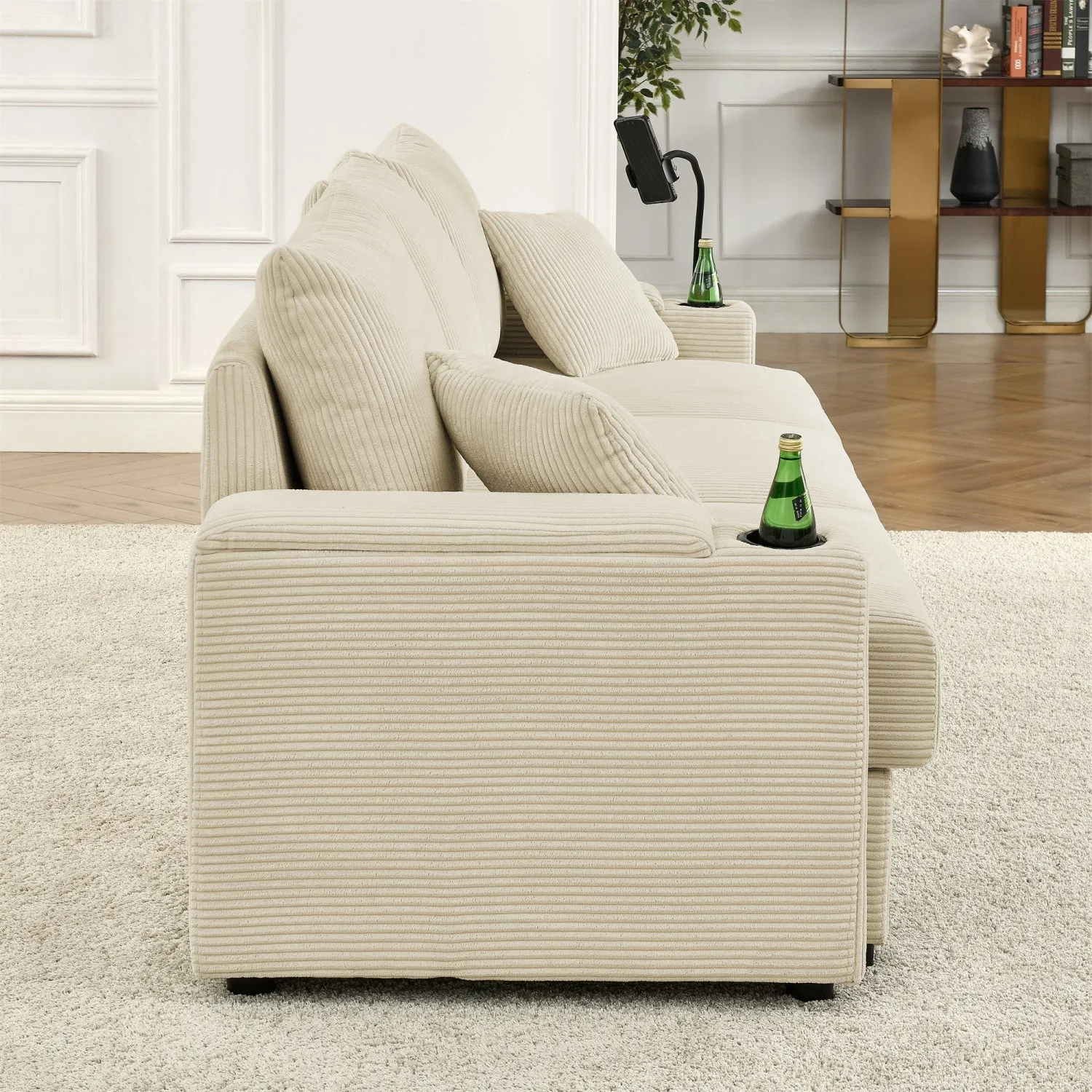 Streamdale Beige Corduroy Sofa with Storage, Cup & Phone Holders
