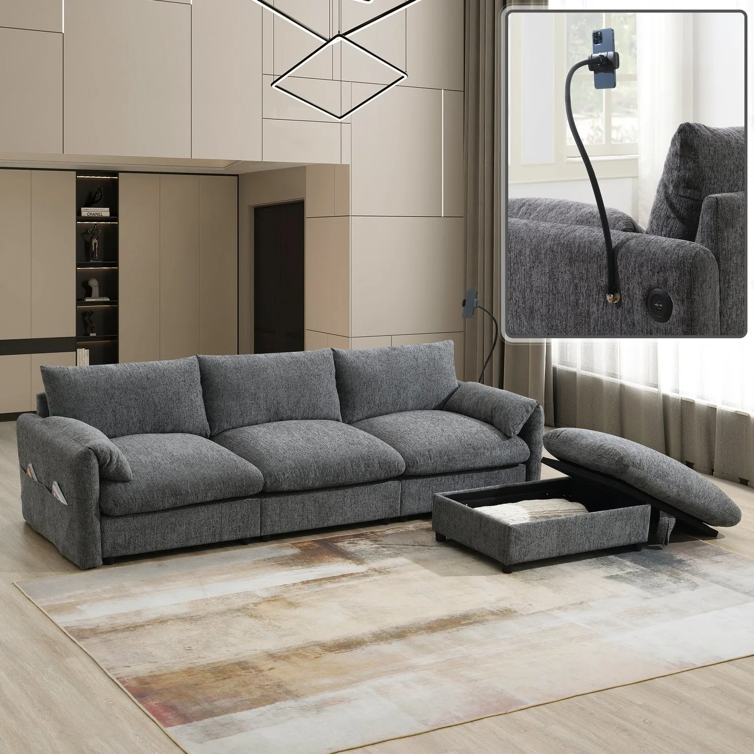 Streamdale Chenille Sectional Sofa w/ Ottoman, USB, & Phone Holder