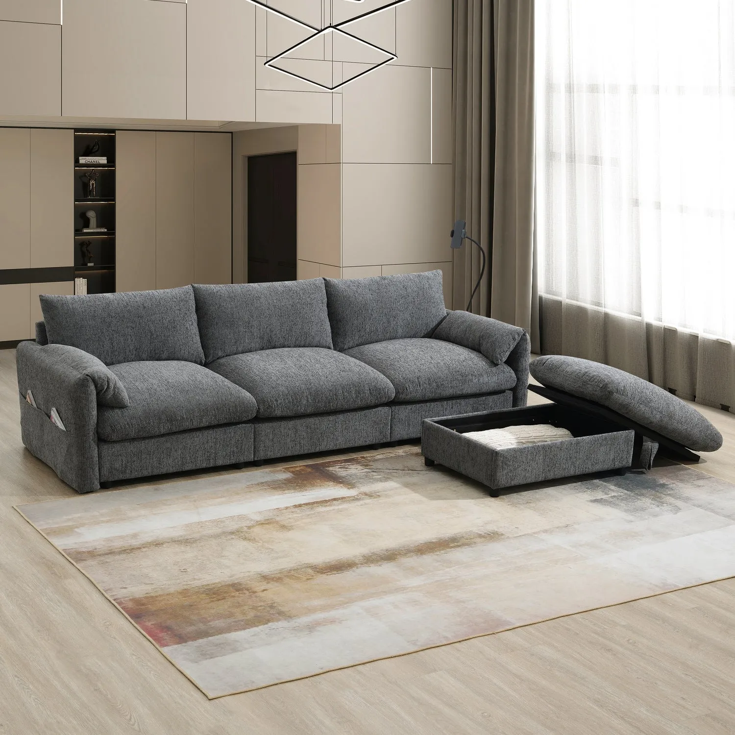 Streamdale Chenille Sectional Sofa w/ Ottoman, USB, & Phone Holder