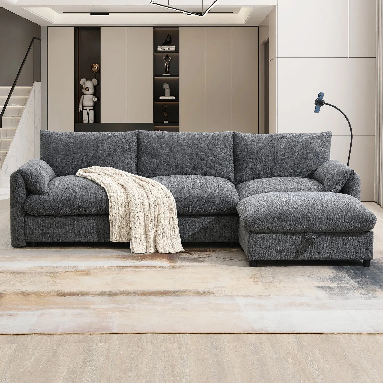 Streamdale Chenille Sectional Sofa w/ Ottoman, USB, & Phone Holder