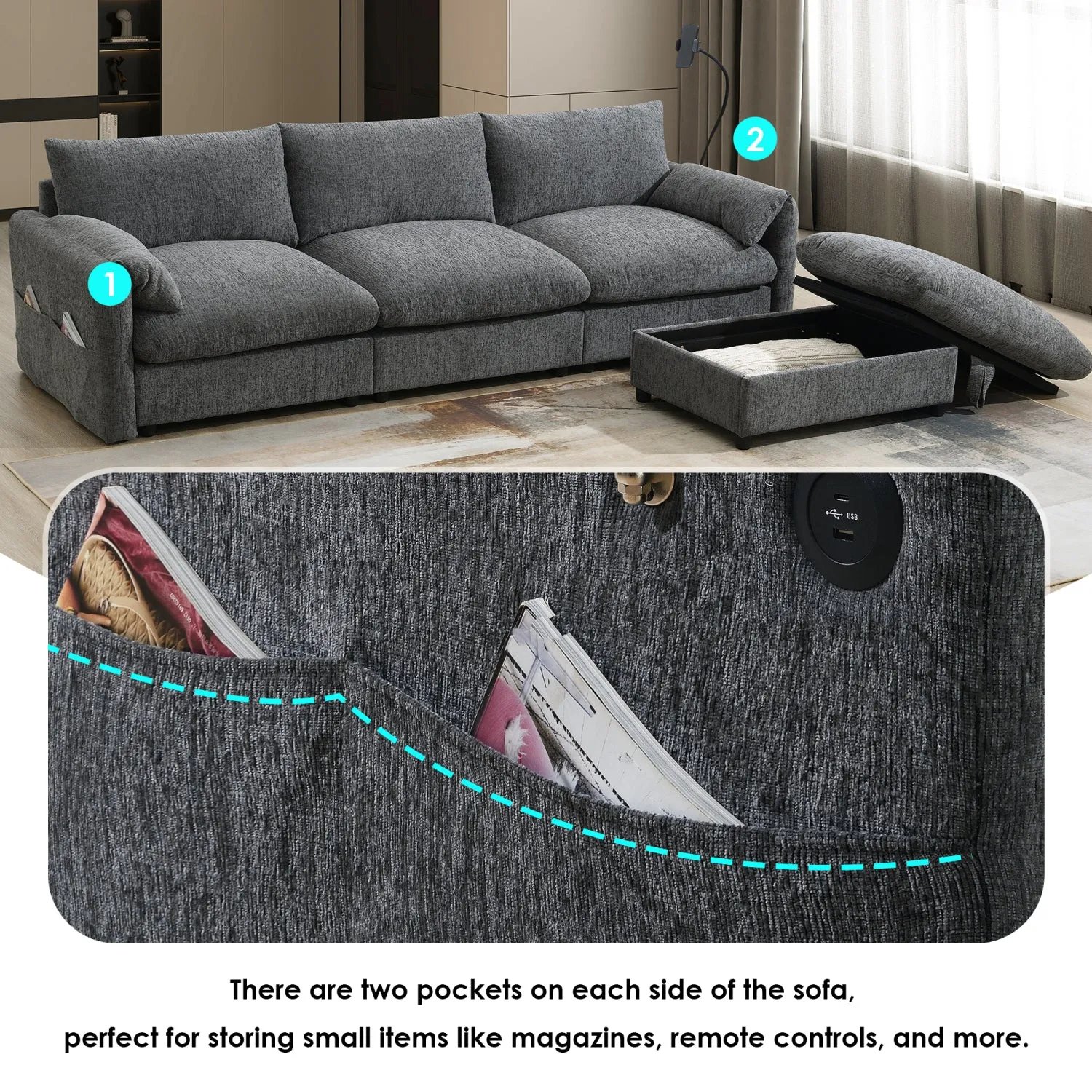 Streamdale Chenille Sectional Sofa w/ Ottoman, USB, & Phone Holder