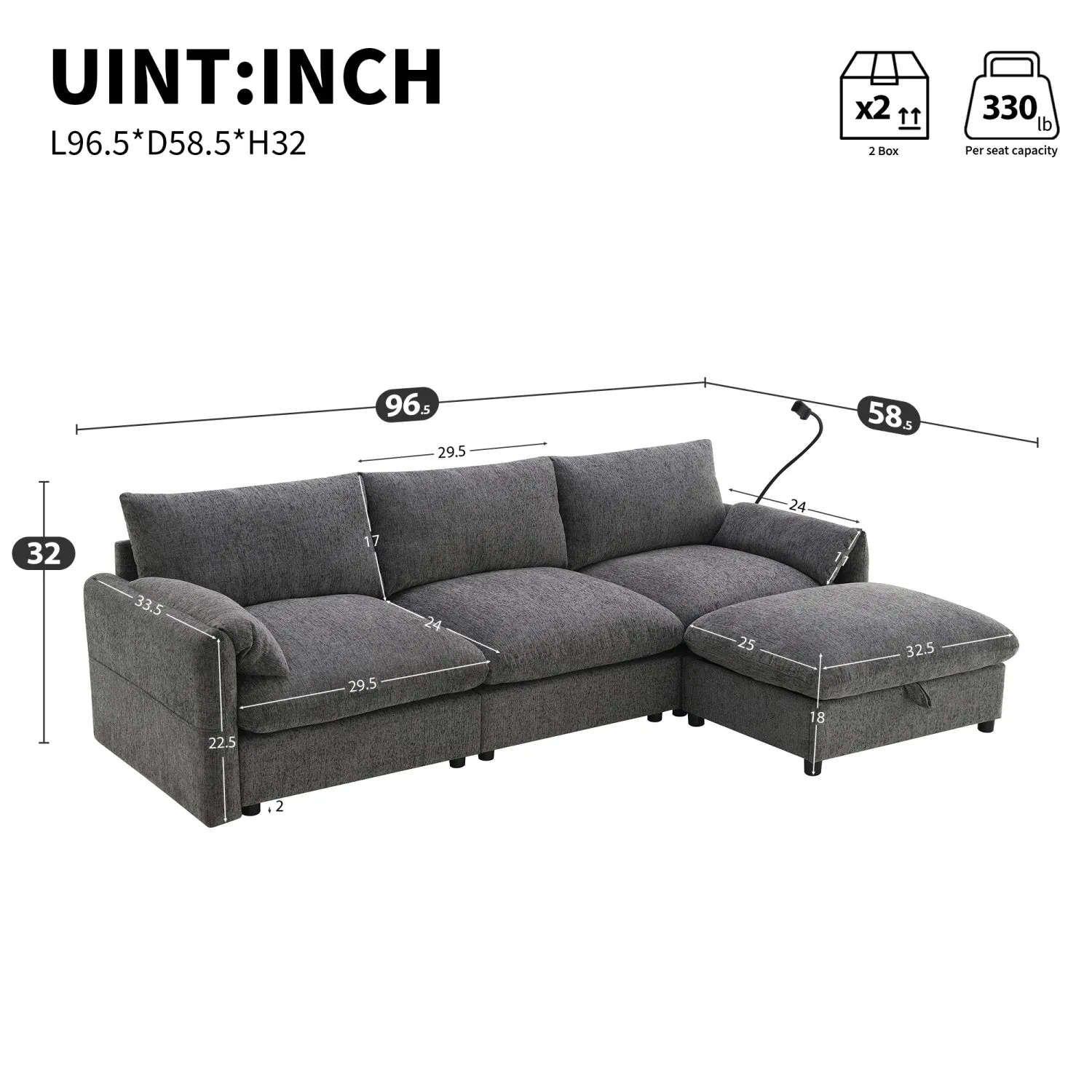 Streamdale Chenille Sectional Sofa w/ Ottoman, USB, & Phone Holder